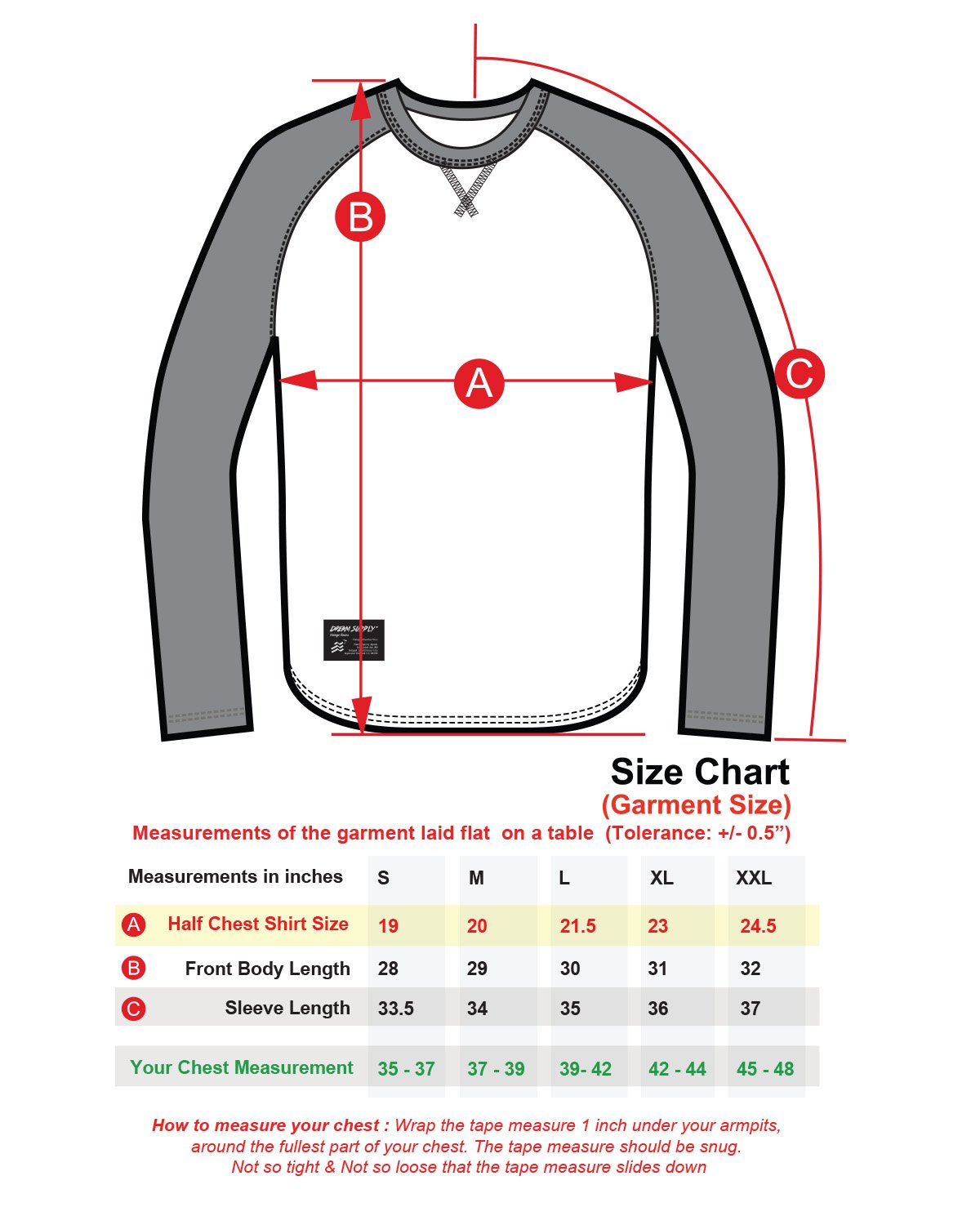 Size chart for ZIMEGO Men Athletic Fit Baseball Retro Contrast Long Sleeve Raglan T-Shirt, displaying measurements for various sizes.