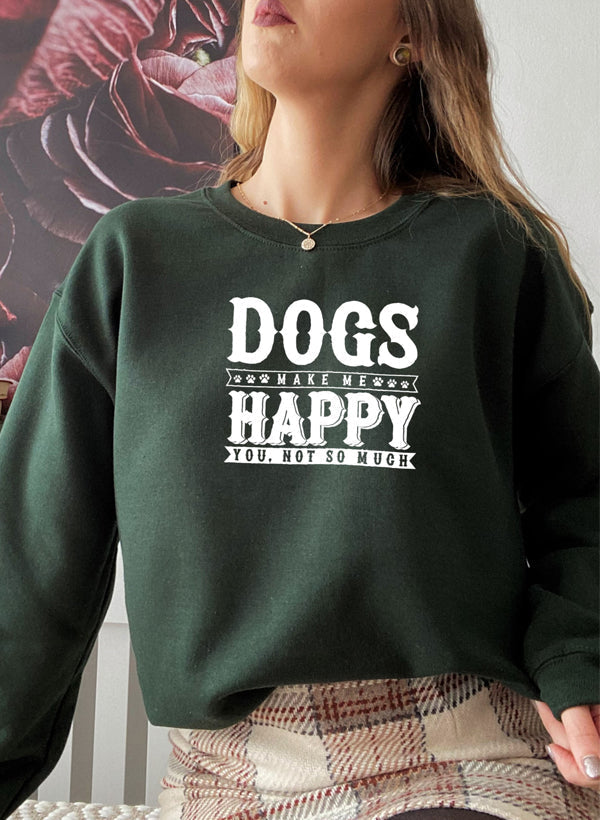 Dogs Make Happy Sweat Shirt displayed on a model, featuring a stylish design and vibrant print in a chic setting.
