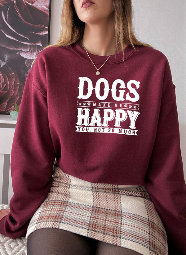 Model wearing Dogs Make Happy Sweat Shirt in burgundy, showcasing unique design and casual style.