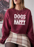 Model wearing Dogs Make Happy Sweat Shirt in burgundy, showcasing unique design and casual style.