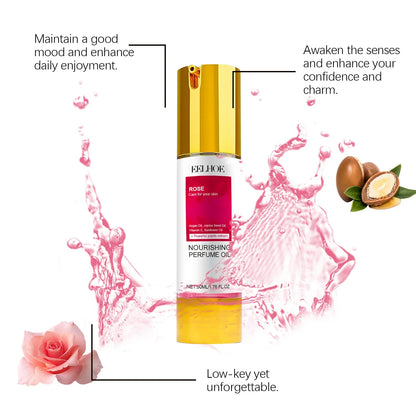EELHOE Jasmine Rose Perfume in a bottle, surrounded by pink rose petals and a splash of water.