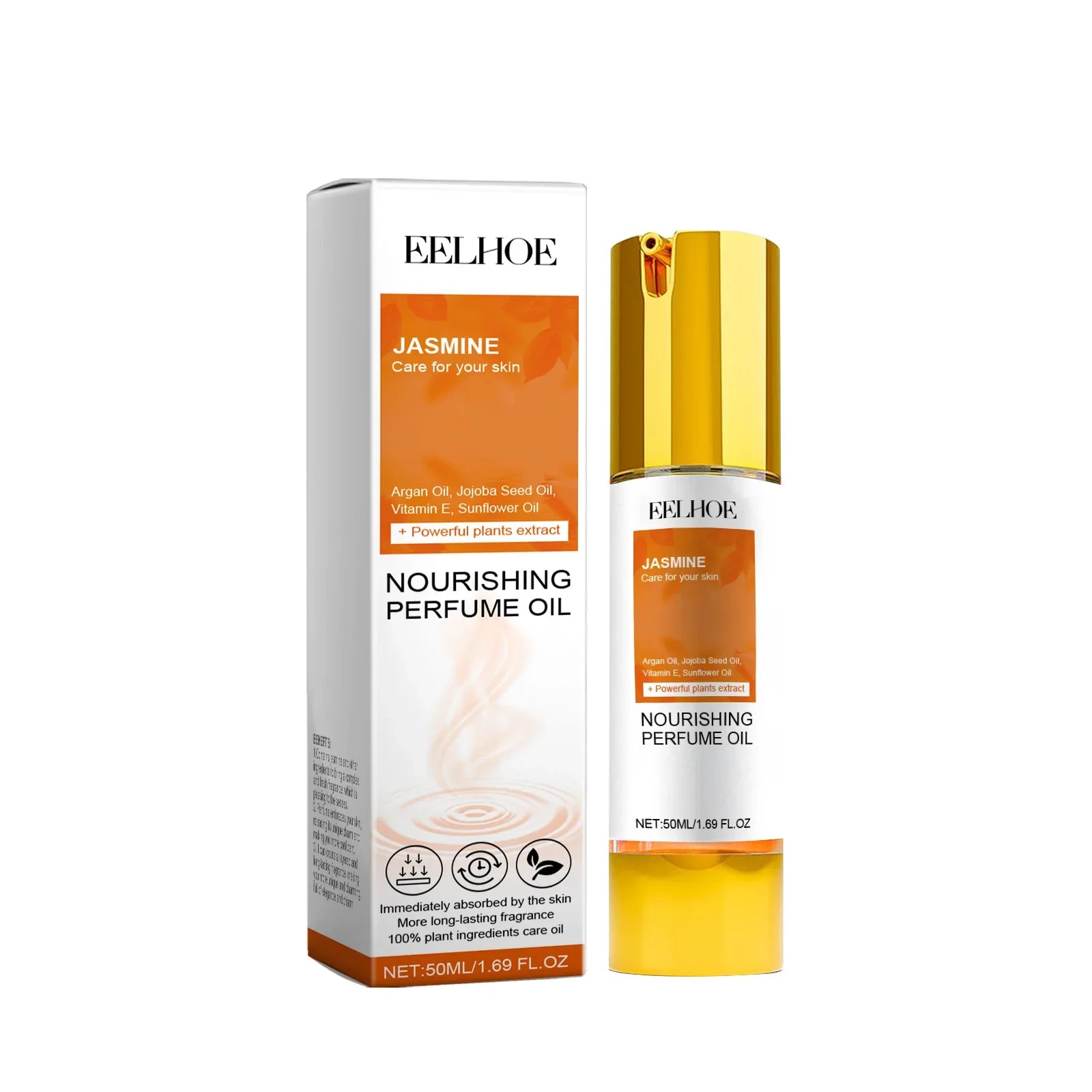 EELHOE Jasmine Rose Perfume nourishing oil with floral ingredients and elegant packaging.