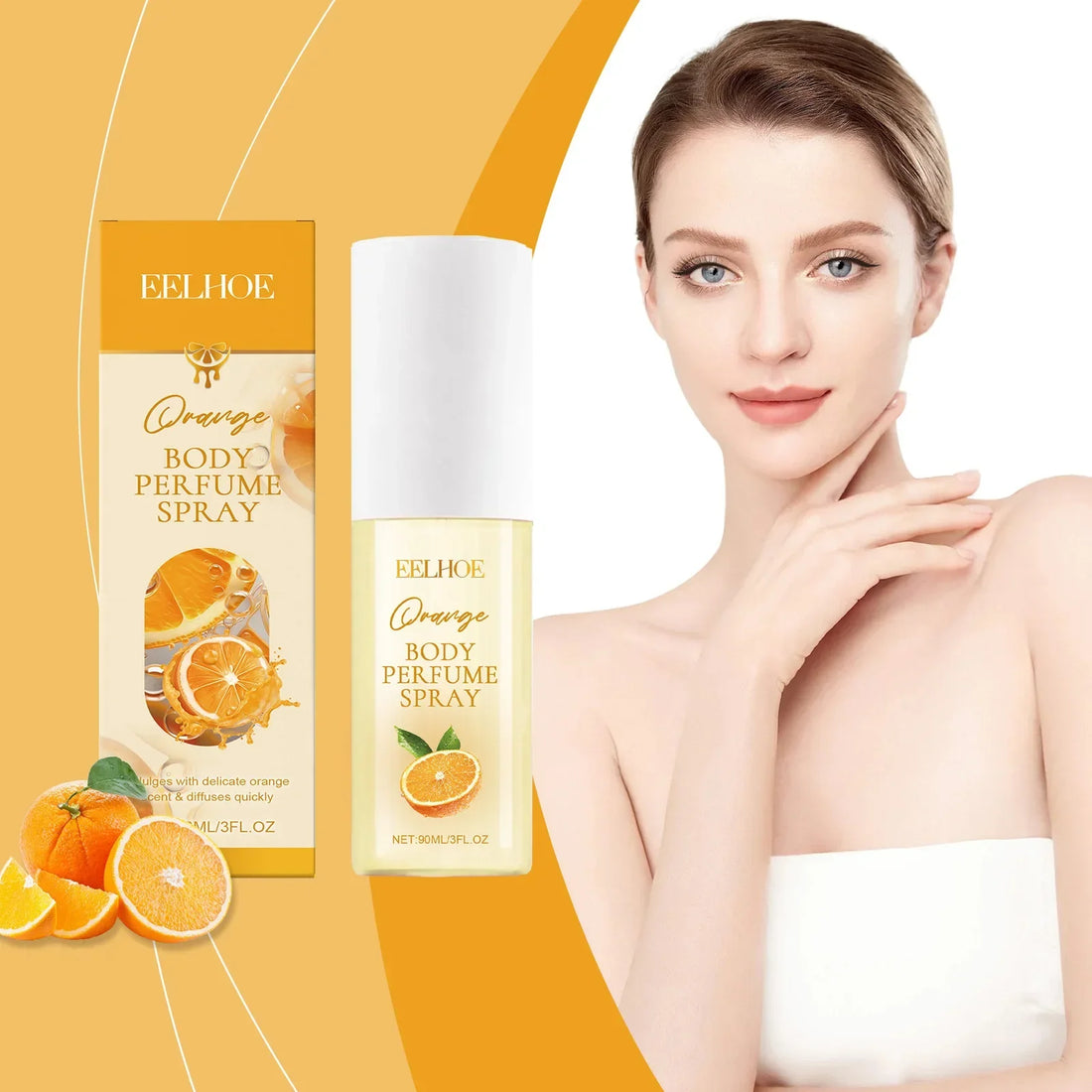 EELHOE Orange Body Perfume on display with a smiling woman, showcasing freshness and elegance in fragrance.