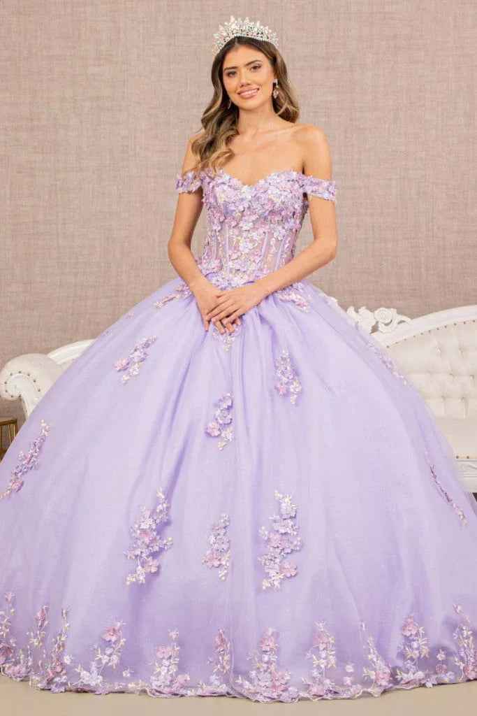 3-D Flower Applique Jewel Mesh Quinceanera Gown w/ Long Tail - Modz Designs