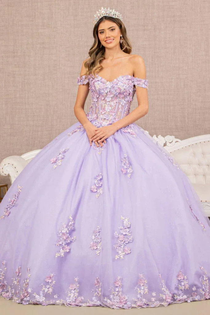 3-D Flower Applique Jewel Mesh Quinceanera Gown w/ Long Tail - Modz Designs