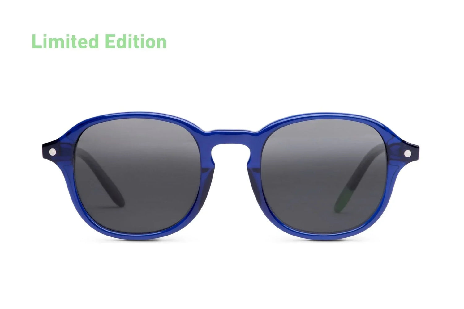 Limited edition indigo blue round sunglasses with dark lenses on white background