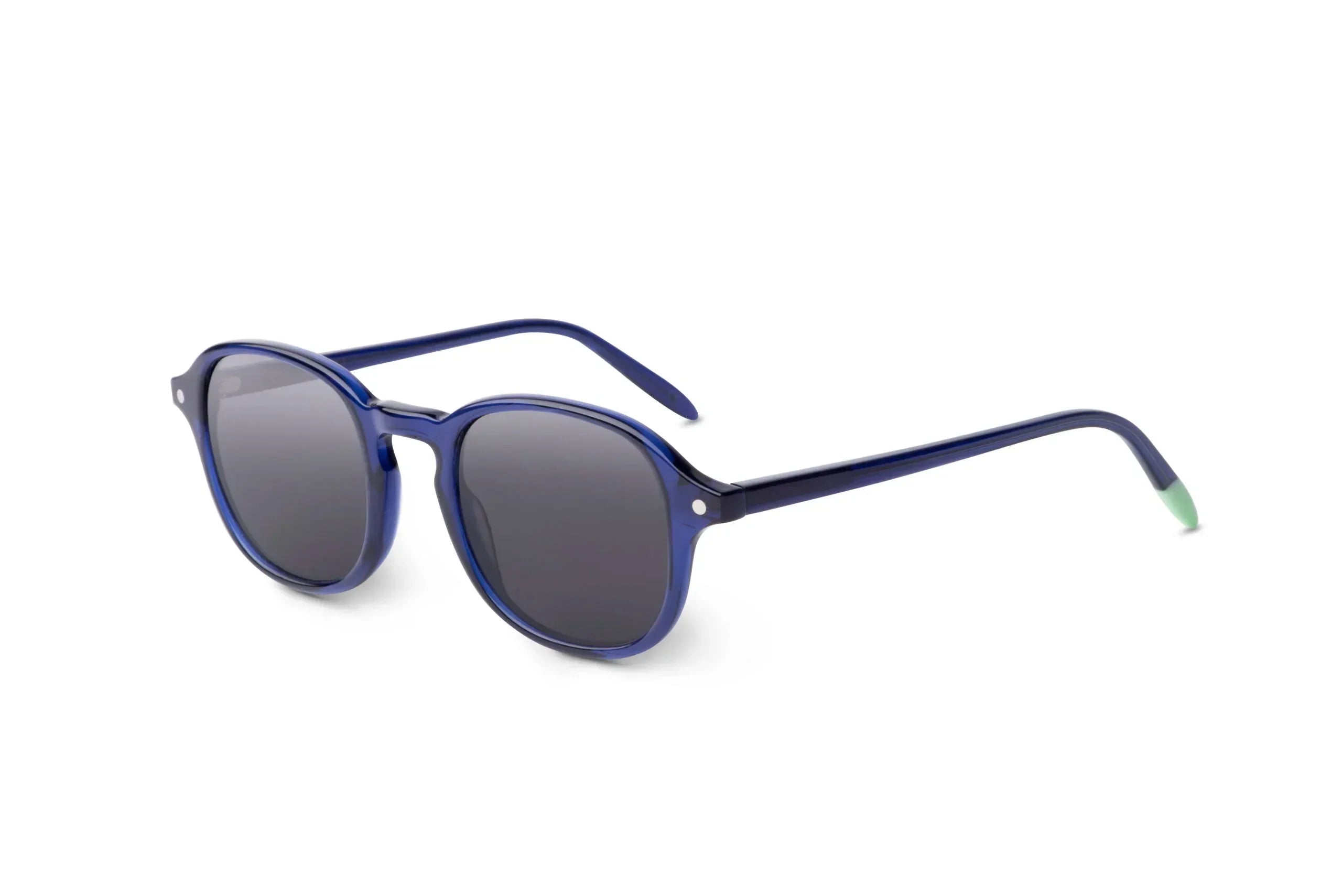 Round indigo blue sunglasses with dark lenses and mint green temple tips on white background