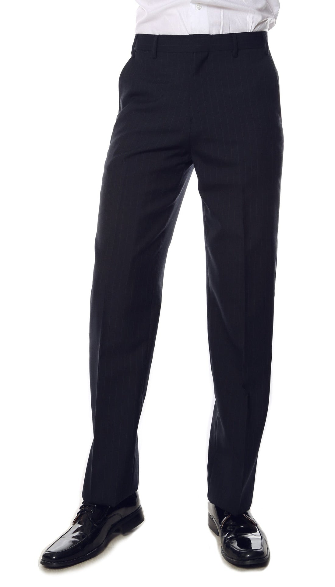 Navy Pinstripe Mens Regular Fit Uniform Dress Pants modeled on a man wearing shiny black shoes.