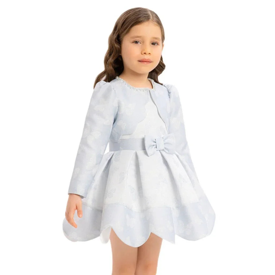Little girl wearing a Baby Blue Princess Dress with a bow, showcasing a charming A-line style.