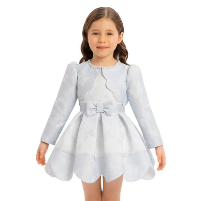 Baby Blue Princess Dress featuring long sleeves and a matching bow, perfect for little girls&