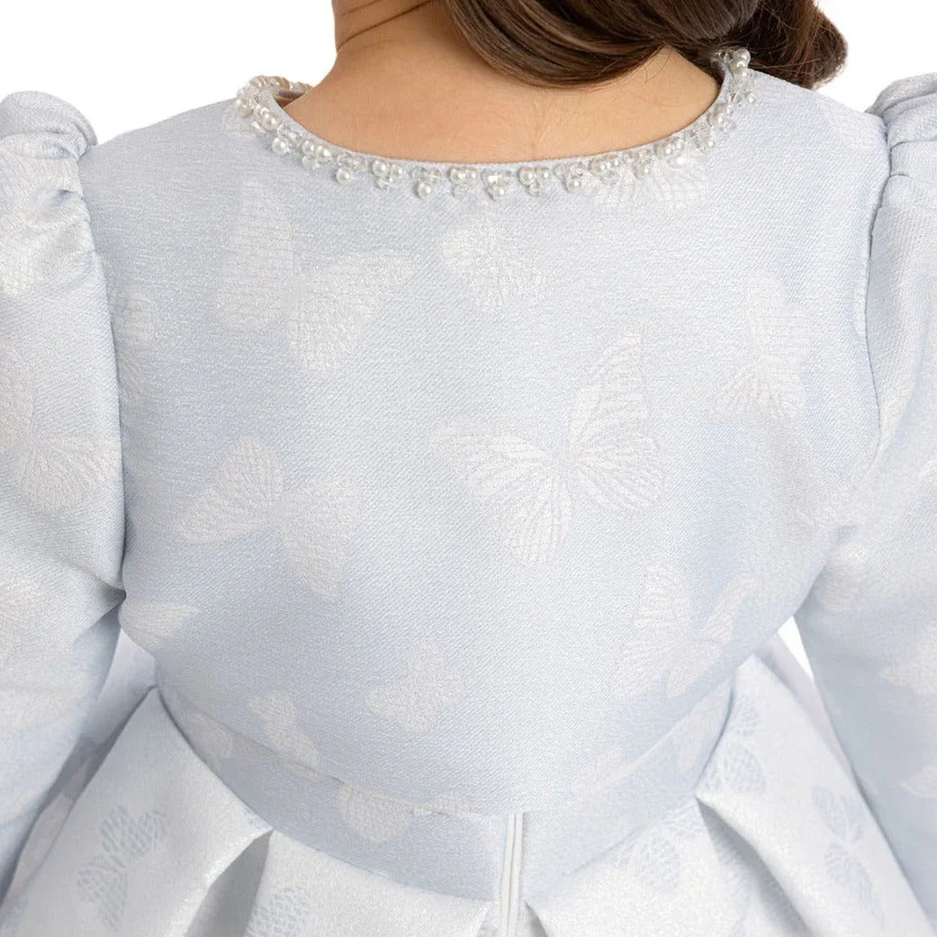 Back view of a sleeveless Baby Blue Princess Dress with butterfly patterns and decorative beaded neckline.