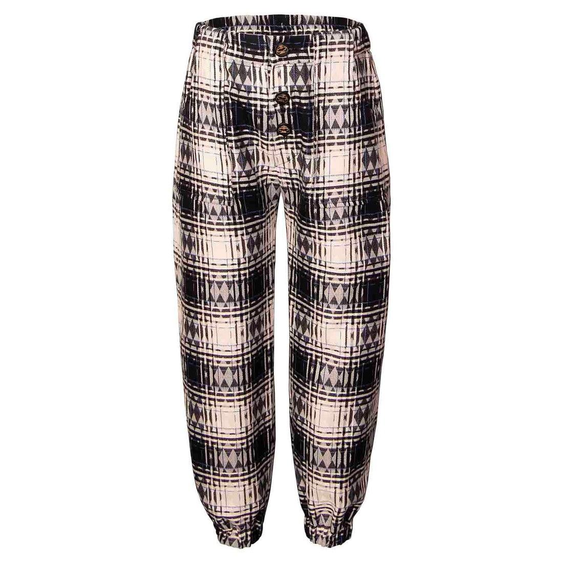 Kids Pants in Black &amp; White Tartan featuring a classic tartan pattern and wide-leg silhouette.