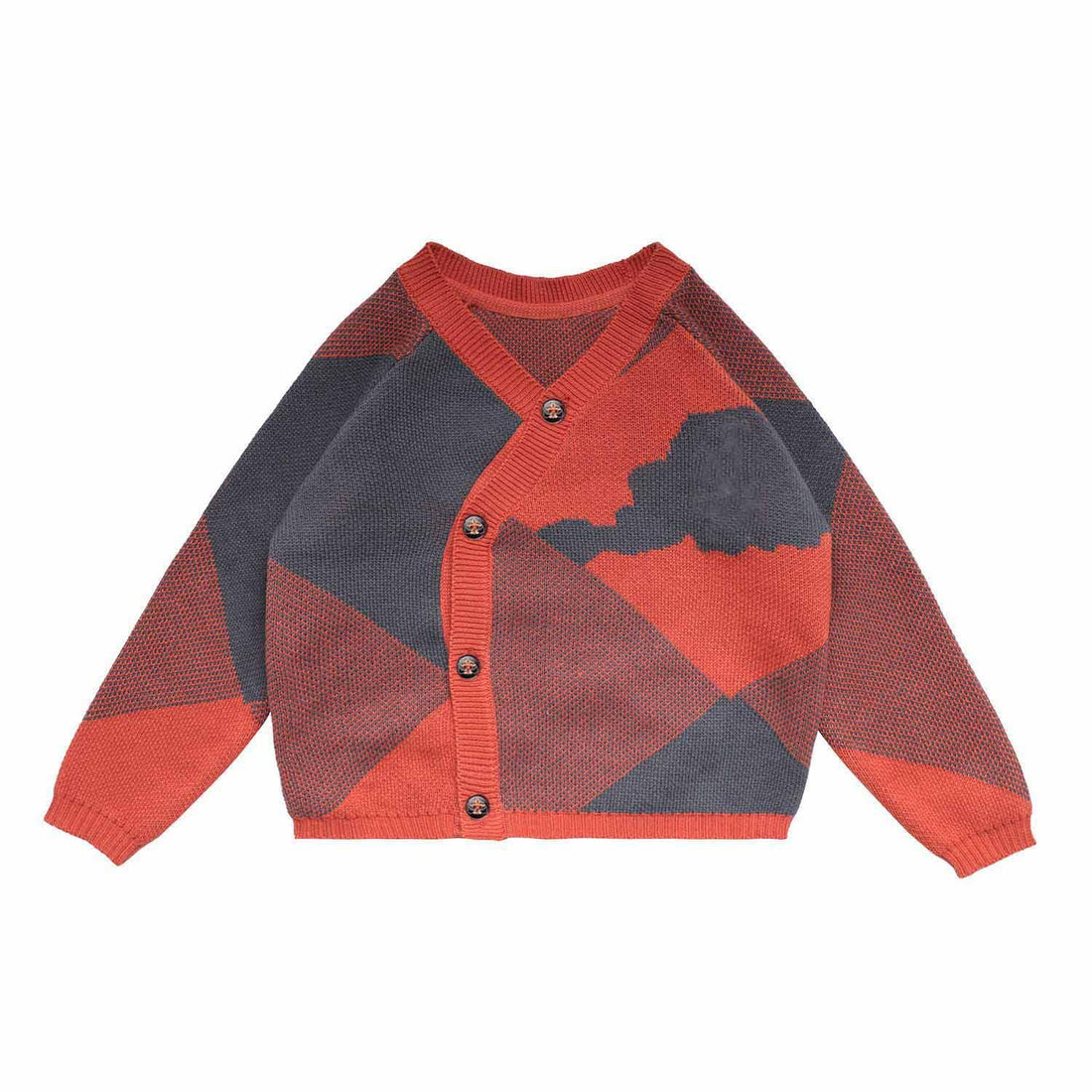 Baby Cardigan in Blue and Orange featuring a cozy design with orange and gray patterns.