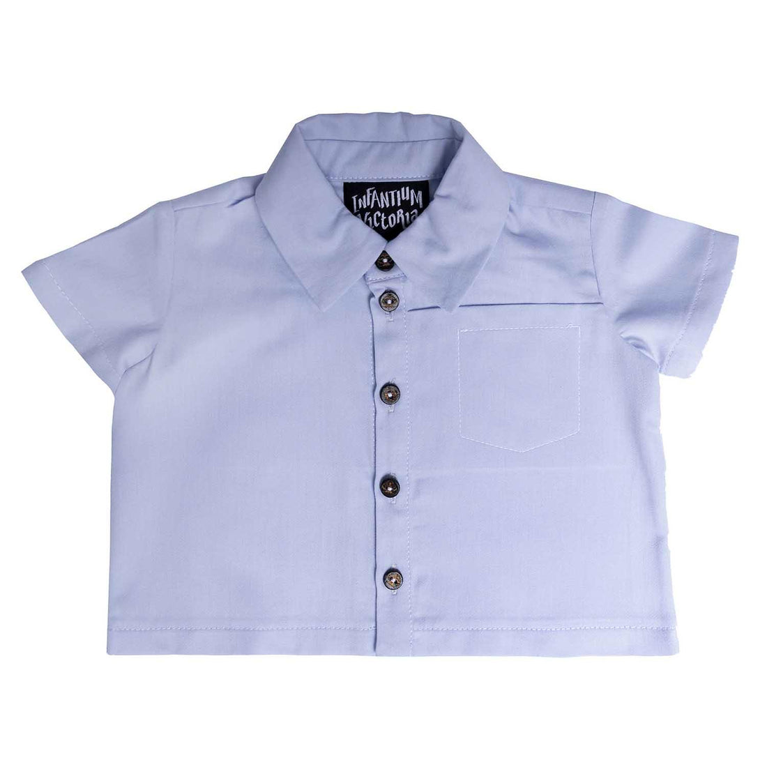 Blue Sateen Baby Shirt featuring a pocket and button closure, perfect for family outings.