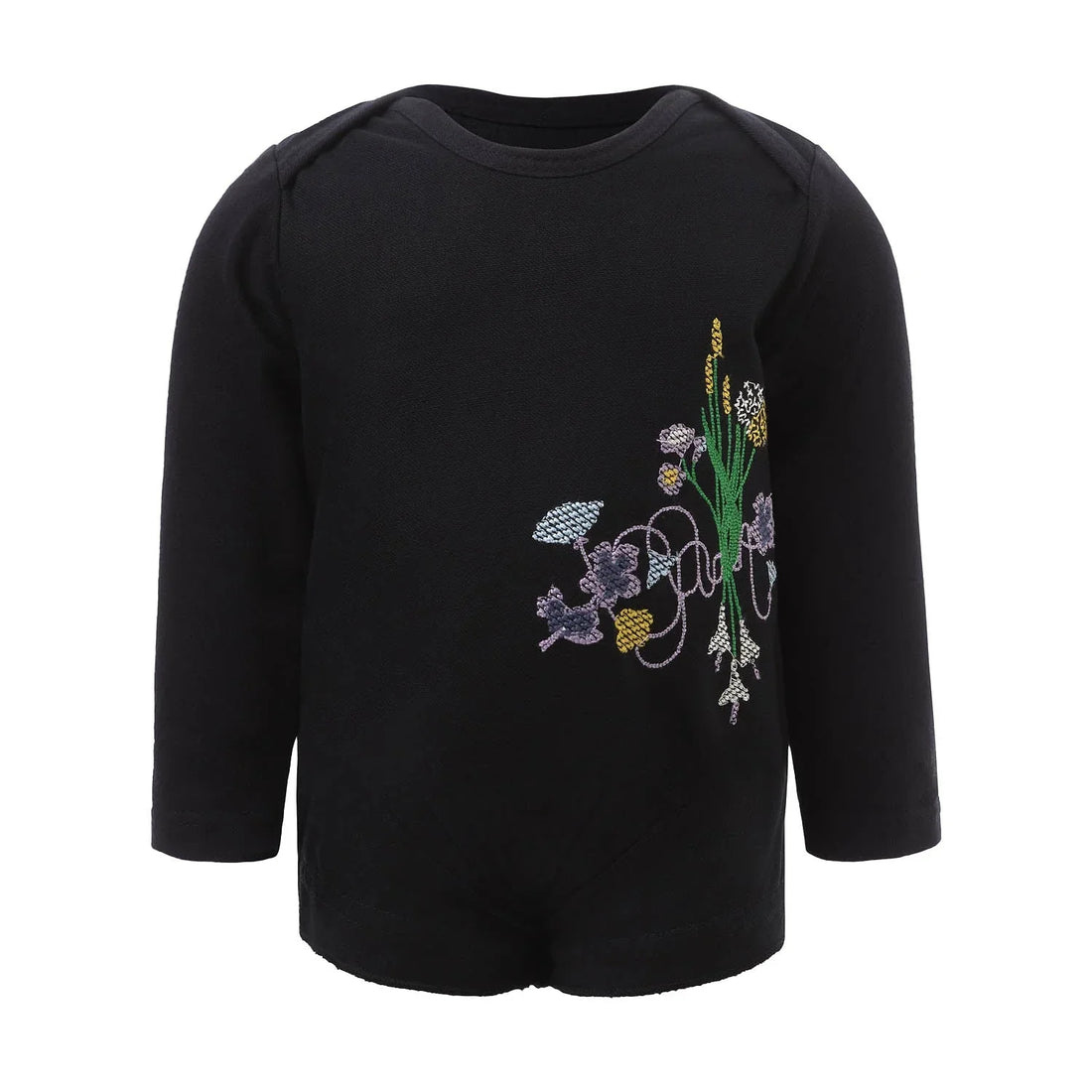 Black Onesie with Floral Embroidery featuring colorful floral designs on organic fabric.