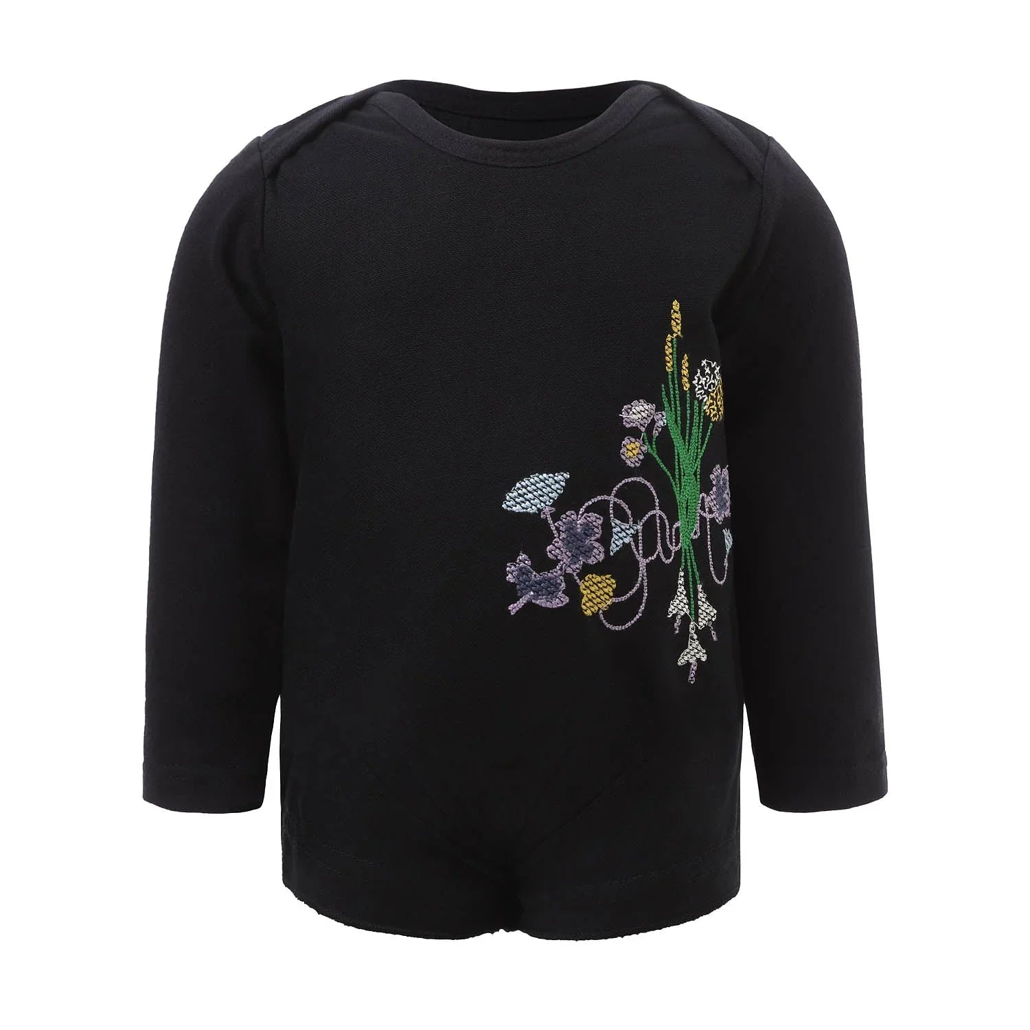 Black Onesie with Floral Embroidery featuring colorful floral designs on organic fabric.