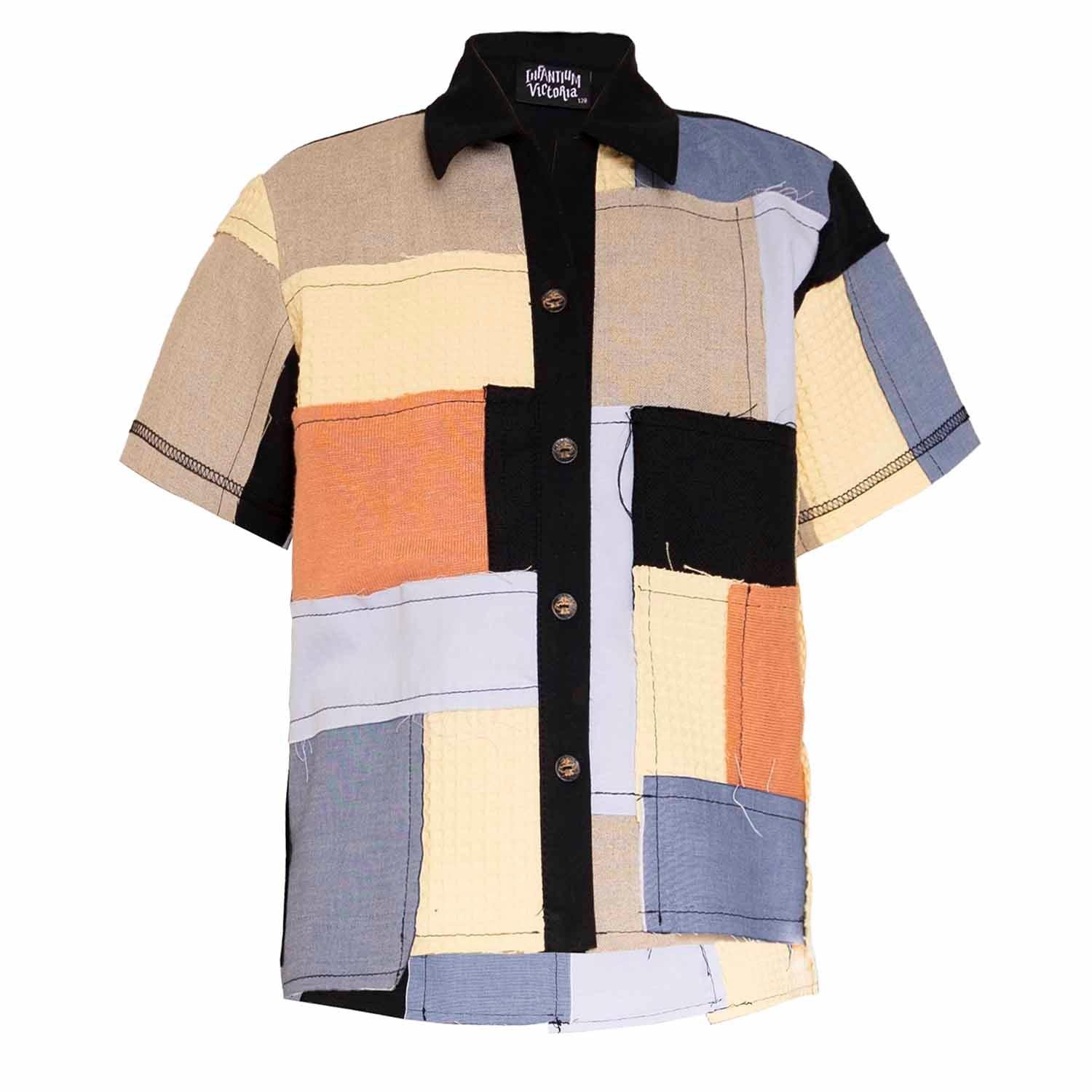 Kids Shirt Zero Waste Patchwork Shirt for Kids featuring colorful patch design and short sleeves, perfect for eco-friendly children&