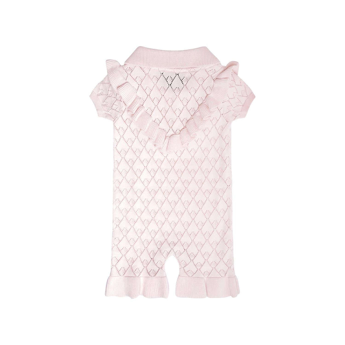 Pink Baby Girl Romper featuring delicate ruffles and sustainable design for comfort and elegance.
