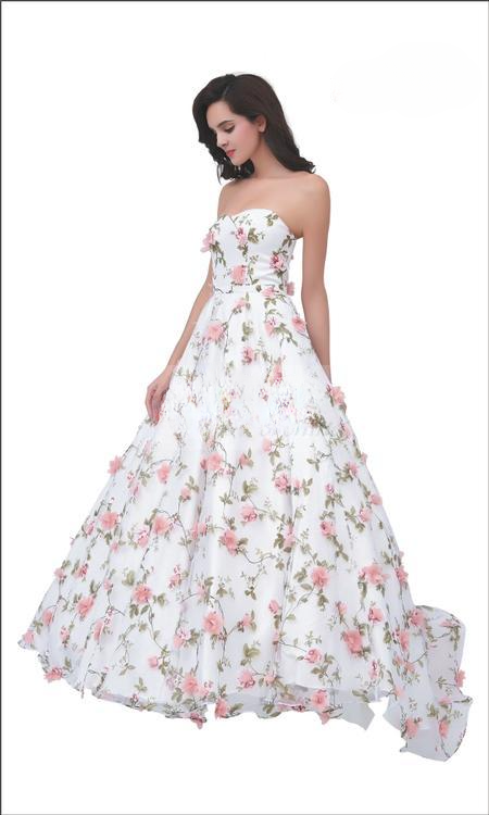 J11343 prom dress with strapless design and floral accents, perfect for elegant occasions.