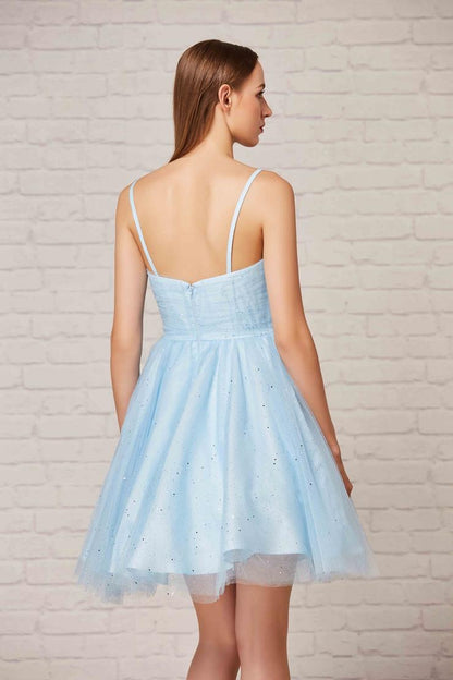 Back view of an elegant tea length A-line dress in sky blue, featuring spaghetti straps and a flattering design.