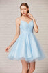 Elegant tea length A-line dress in sky blue with spaghetti straps and a flared skirt.