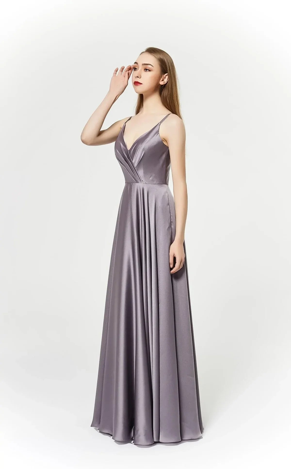 J19025 V-neck ball gown in rich berry hue with pockets and A-line silhouette, perfect for prom.