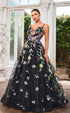 J24046 gown featuring a V-neckline and oversized floral designs on a flowing A-line skirt.