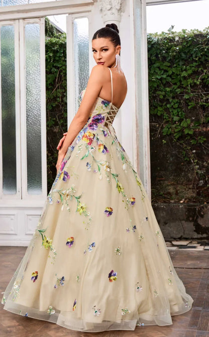 Back view of the elegant J24046 gown featuring oversized floral designs and a flowing A-line skirt.