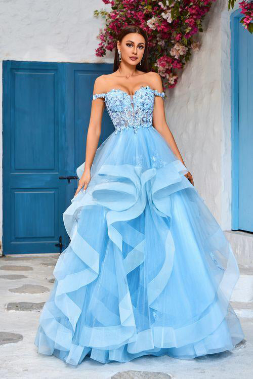A-Line evening dress with a sweetheart neckline in stunning blue, featuring ruffled layers and intricate beadwork.