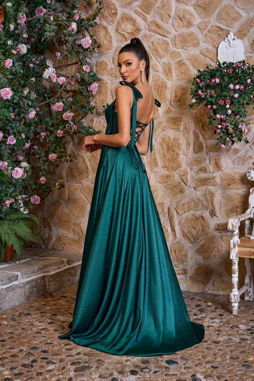 J26037 elegant A-line dress in emerald with back straps and a leg slit, perfect for special occasions.