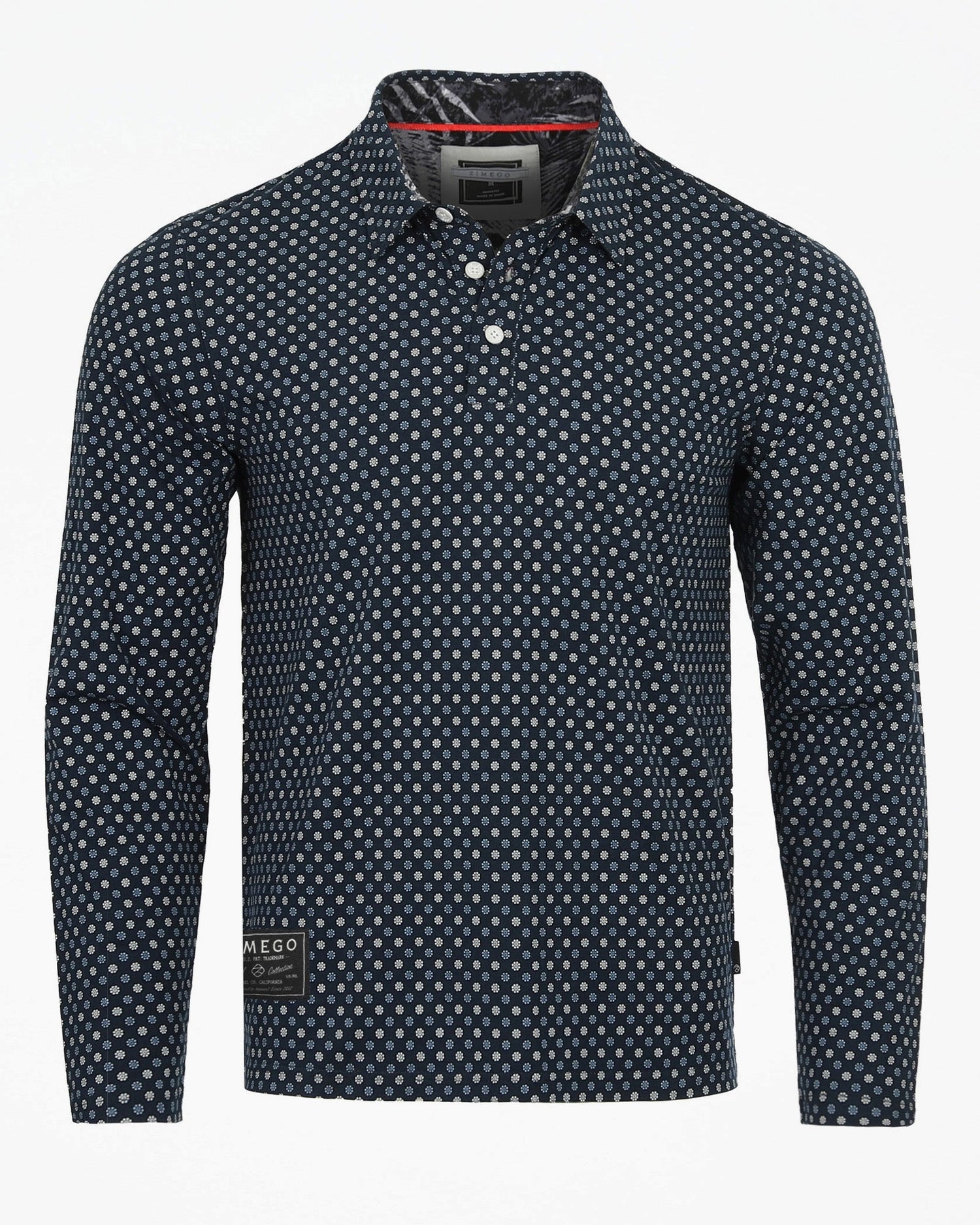 ZIMEGO Mens Long Sleeve Golf Polo Stretch Office Casual Holiday T-Shirt in navy with polka dot pattern, soft and lightweight.