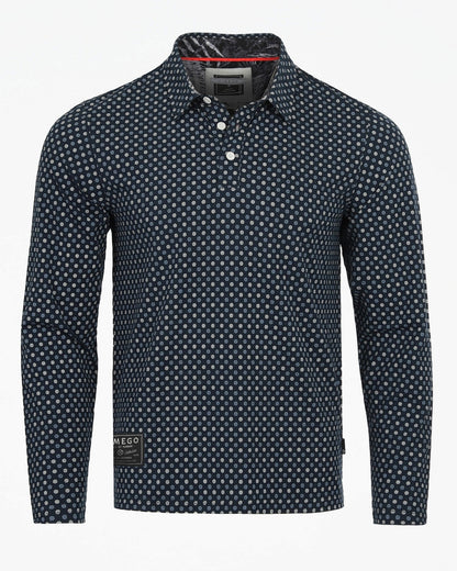 ZIMEGO Mens Long Sleeve Golf Polo Stretch Office Casual Holiday T-Shirt in navy with polka dot pattern, soft and lightweight.