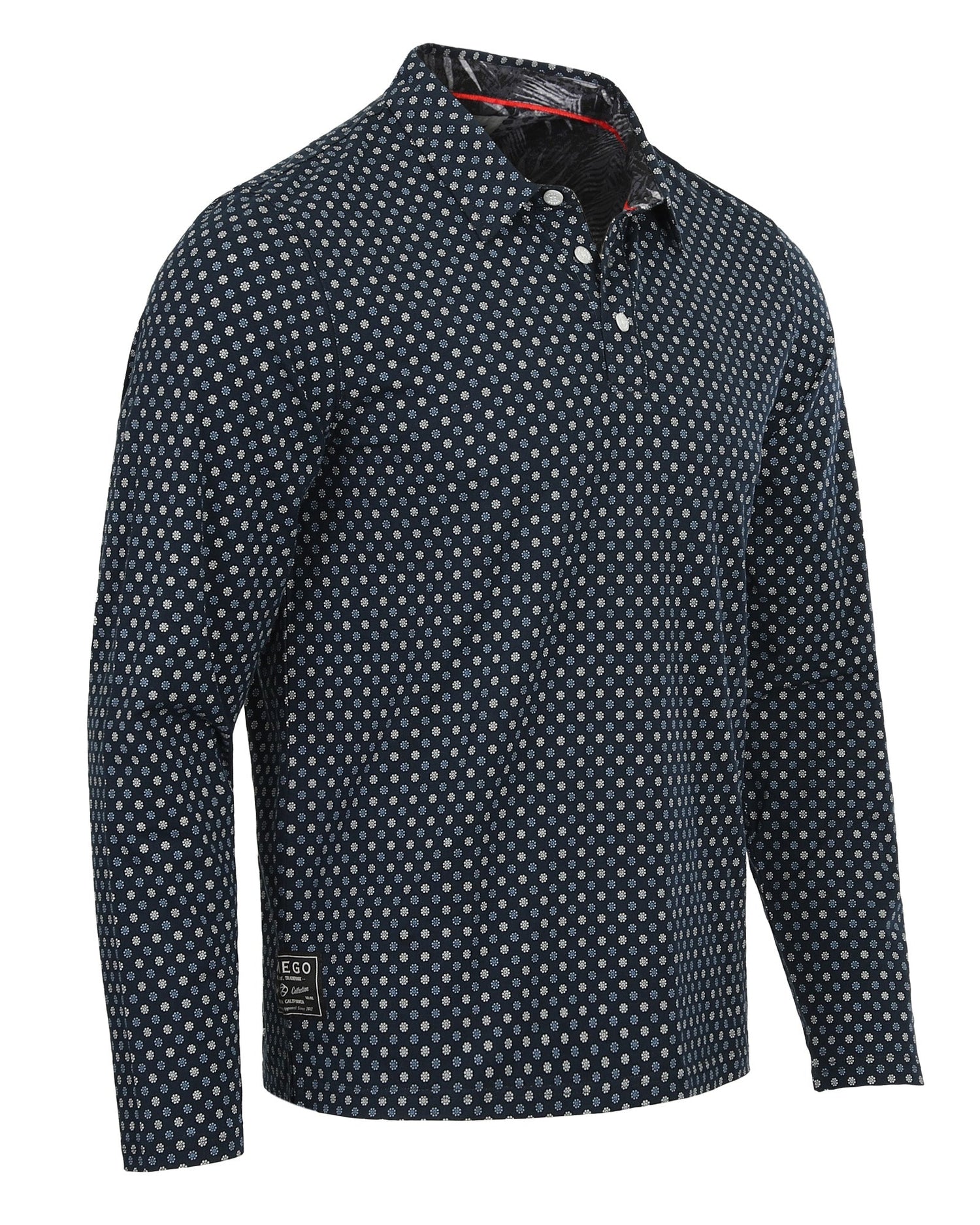ZIMEGO Mens Long Sleeve Golf Polo Stretch Office Casual Holiday T-Shirt in navy with polka dots.