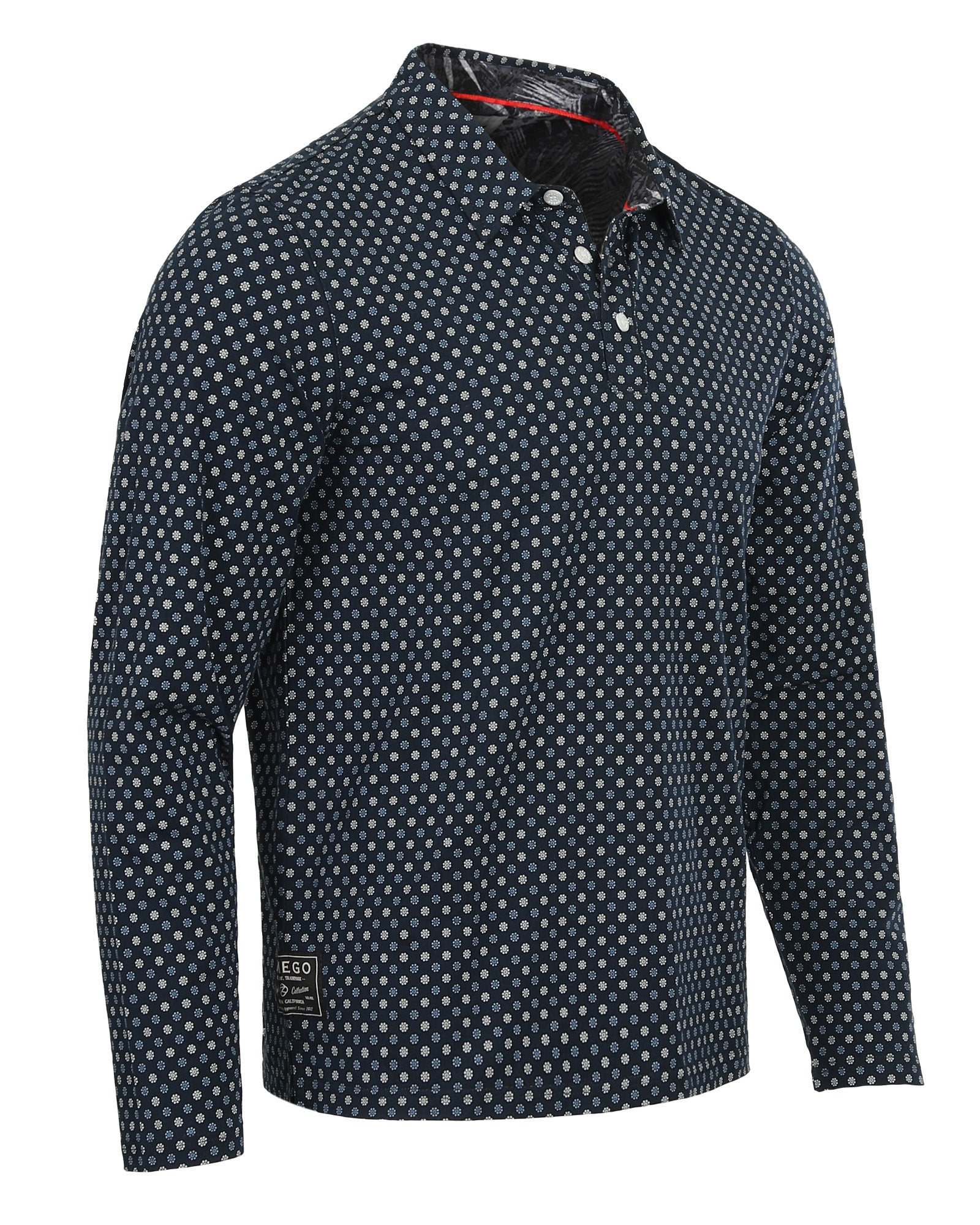 ZIMEGO Mens Long Sleeve Golf Polo Stretch Office Casual Holiday T-Shirt in navy with polka dots.