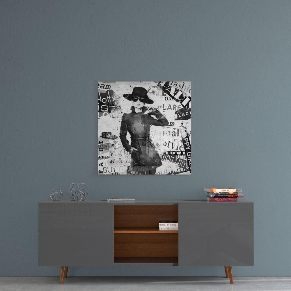 Fashion Glass Wall Art featuring stylish woman in black and white against a contemporary background.