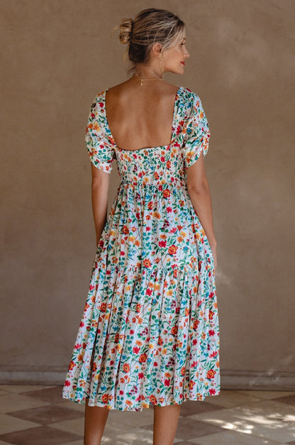 Lilit Midi Dress featuring a back view showcasing floral design and puff sleeves, perfect for casual outings.