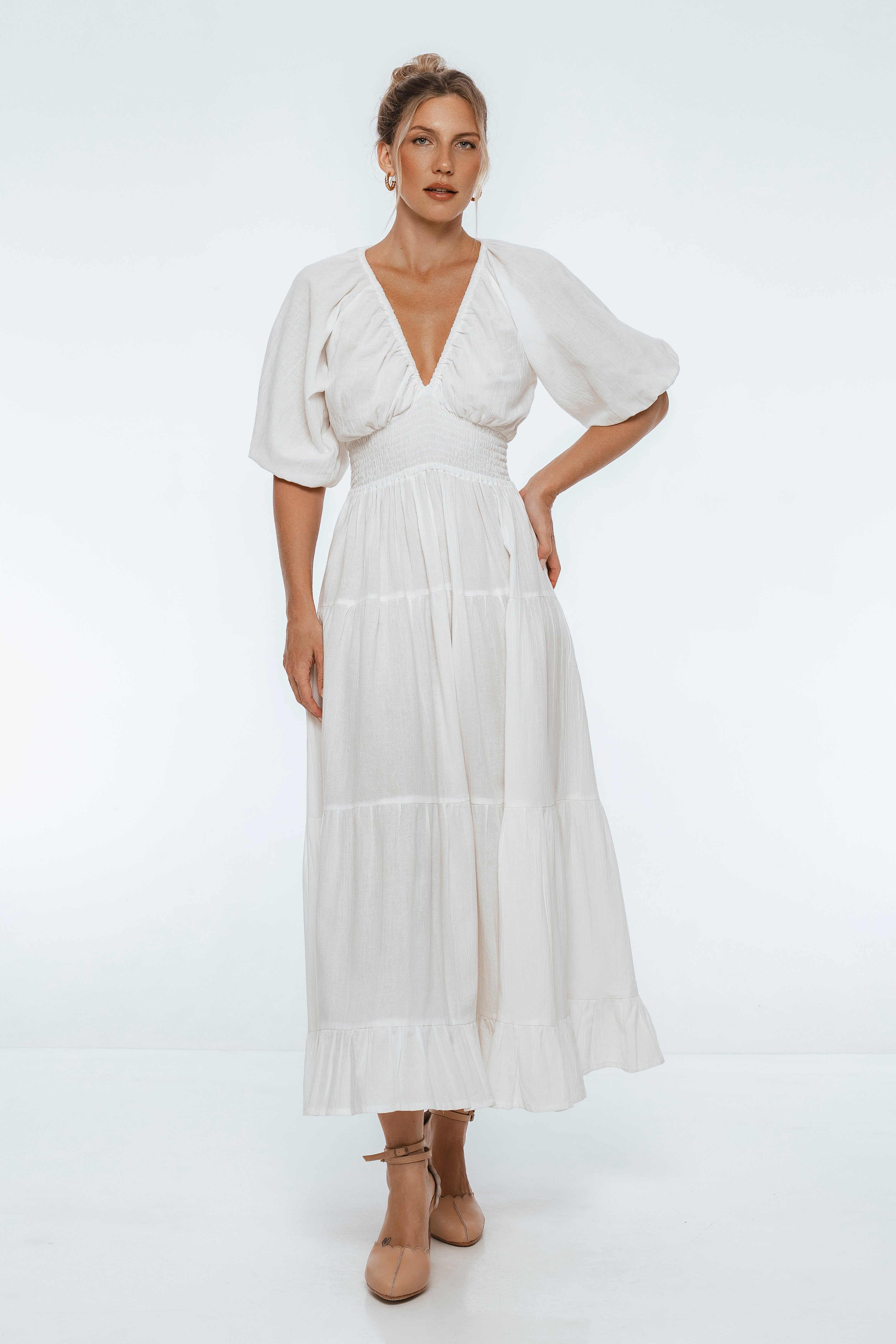 Lucienne Smocked Linen Maxi Dress with deep V neckline, puff sleeves and tiered skirt, perfect for day-to-night styling.