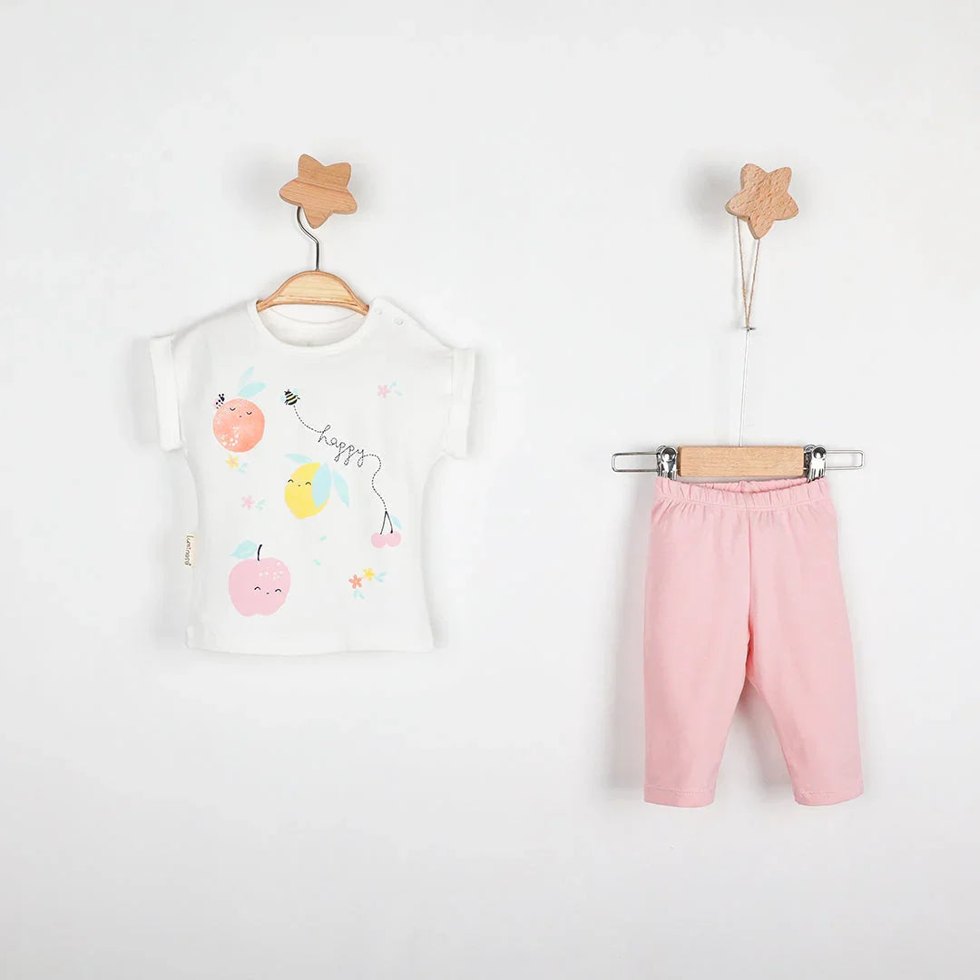 Happy Fruit Baby Girls Leggings Set with cute fruit design t-shirt and pink cotton leggings.