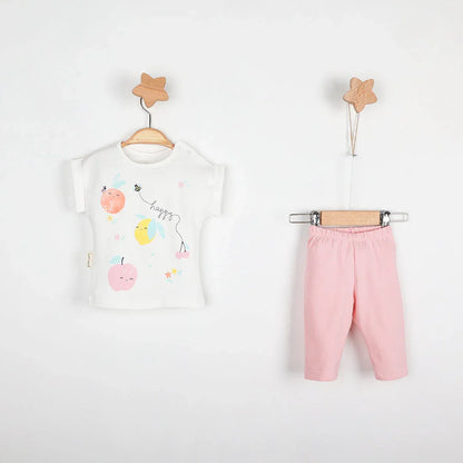 Happy Fruit Baby Girls Leggings Set with cute fruit design t-shirt and pink cotton leggings.