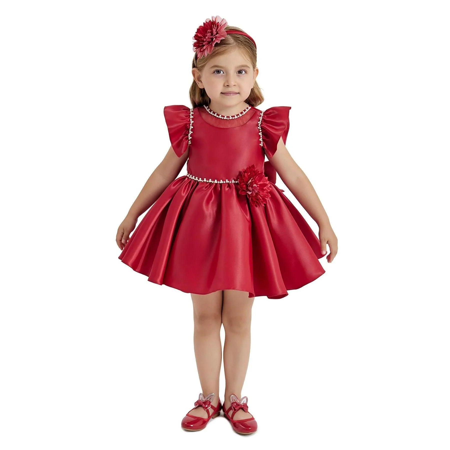 Sara Satin Girls Formal Dress in red satin with frilly sleeves and floral embellishment.