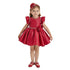 Sara Satin Girls Formal Dress in red satin with frilly sleeves and floral embellishment.
