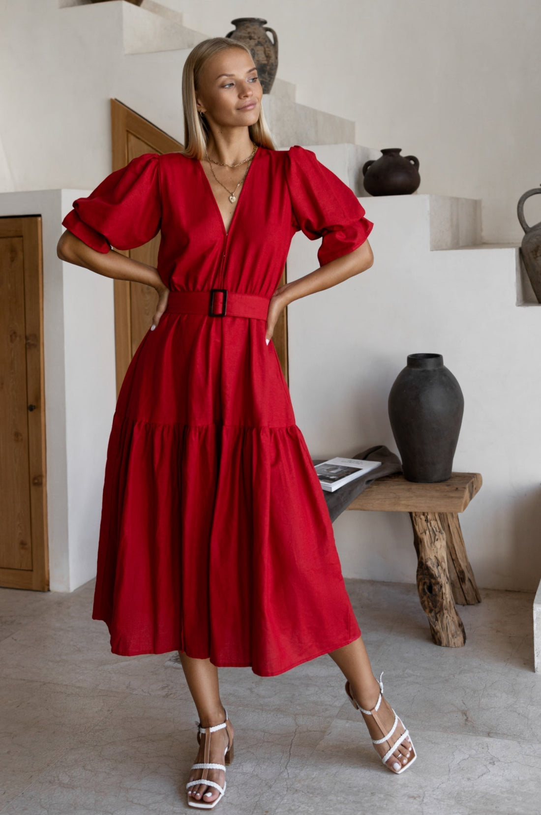 Peony Midi Dress (Sale) in vibrant red with gathered puff sleeves, V-neckline, and matching belt.