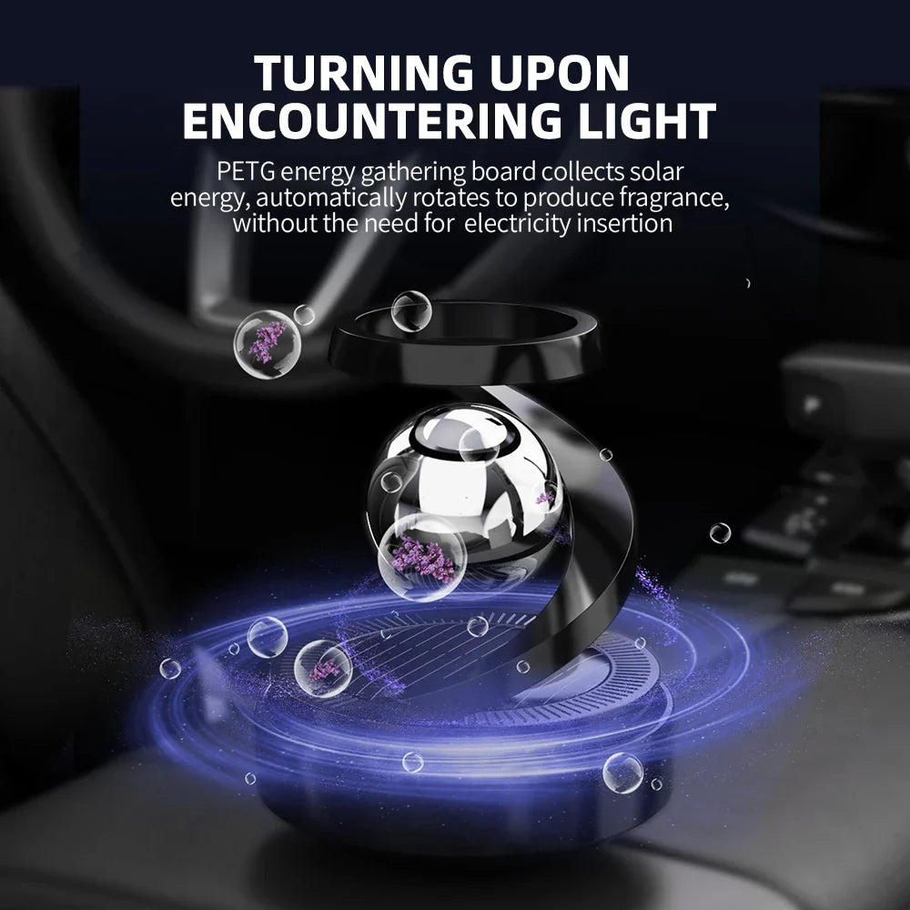Solar-Powered Rotating Car Air Freshener–Suspension Perfume Diffuser Black demonstrating automatic fragrance rotation upon light.