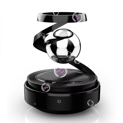 Solar-Powered Rotating Car Air Freshener–Suspension Perfume Diffuser Black in stylish design with bubbles.