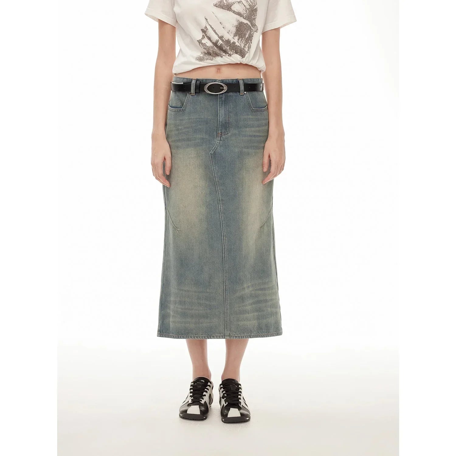 "Dawn Denim" retro old enzyme washed mid-low waist slim fishtail flared slim denim skirt - Modz Designs