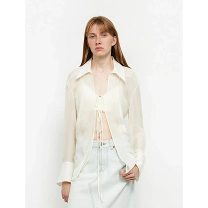 "Hazy Moonlight" Silk Chiffon Light and Hazy Feeling Cool Drape Lace-up Sun Protection Shirt Summer - Modz Designs