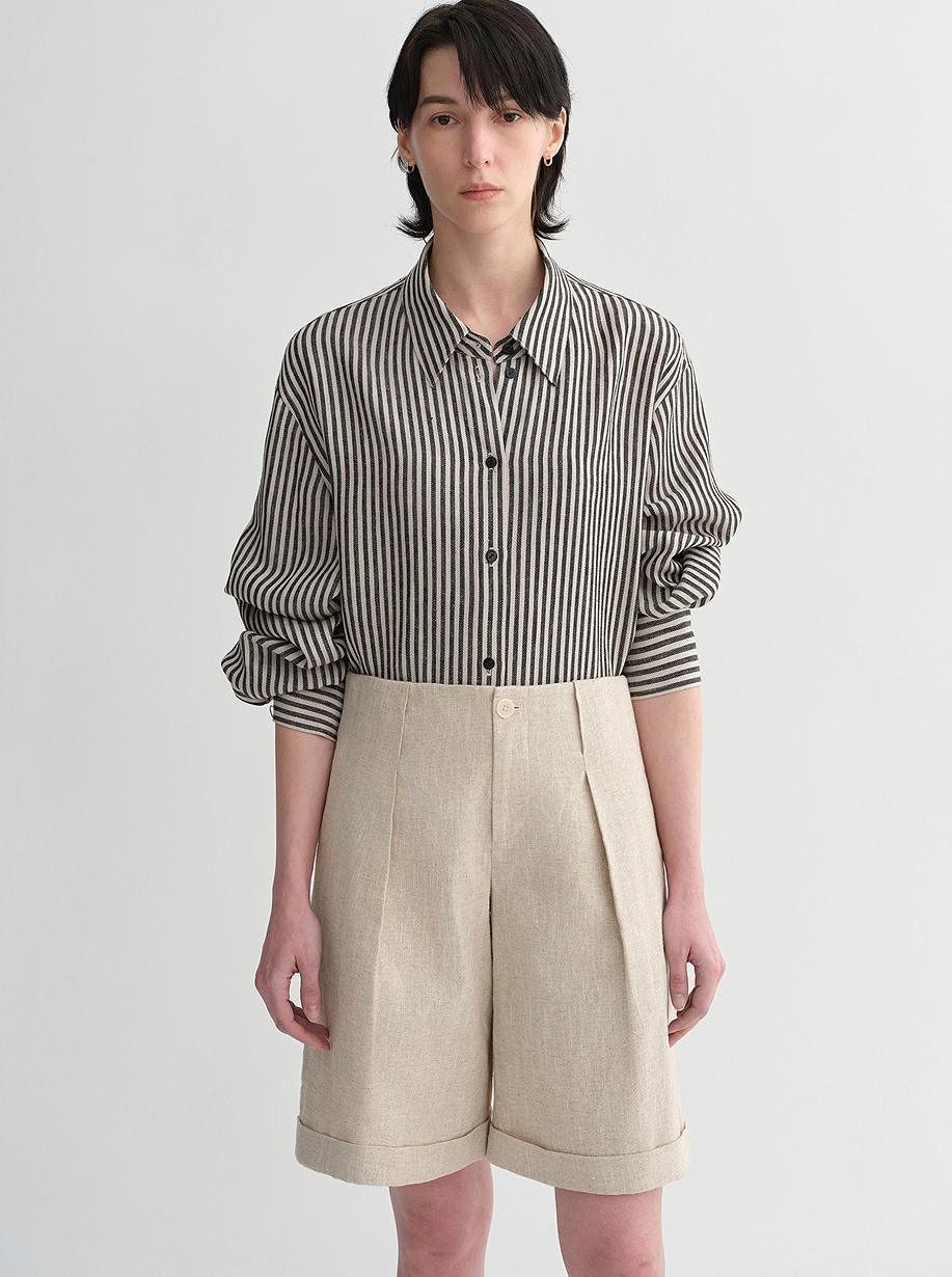 100% linen classic silhouette pinstripe lapel wide breathable long sleeve spring and summer shirt for women - Modz Designs