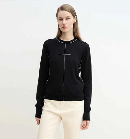 “Imbell"Imported Yangtze 30NM Contrast Stitch Wool Knit Skin-Friendly Short Top - Modz Designs