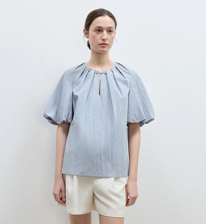 "Iceland Diary" neckline pleated design round neck tie puff sleeve short sleeve shirt for women - Modz Designs