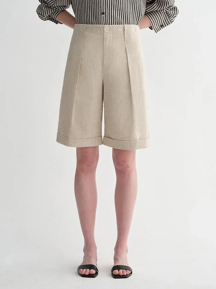 Sophisticated linen waistless pleated wide-leg cropped pants for women, featuring architectural silhouette, textured side pockets - Modz Designs